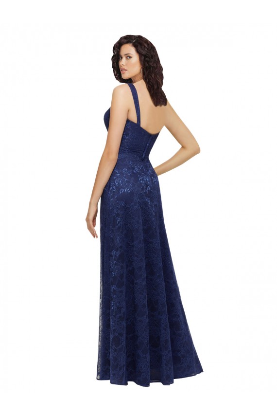 Bleu marine foncé Trapèze Col V Dentelle Longue Robes demoiselle d'honneur