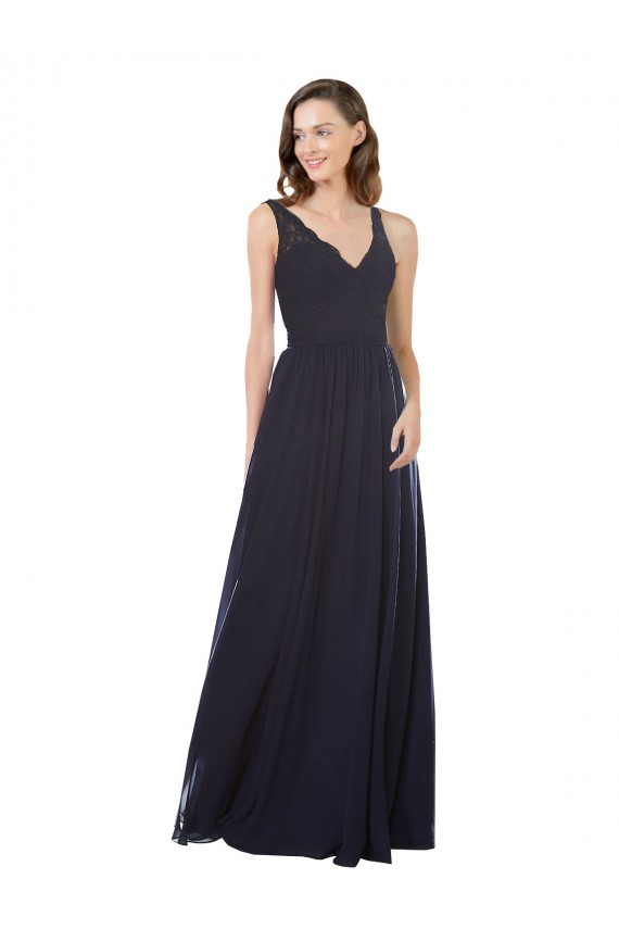 Bleu marine foncé Trapèze Col V Mousseline Dentelle Longue Robes demoiselle d'honneur
