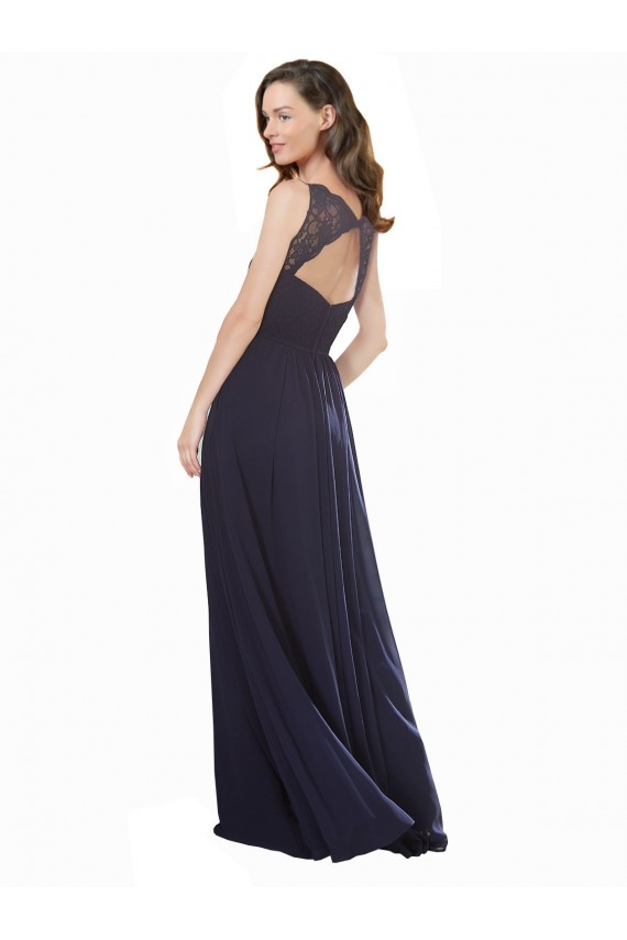 Bleu marine foncé Trapèze Col V Mousseline Dentelle Longue Robes demoiselle d'honneur