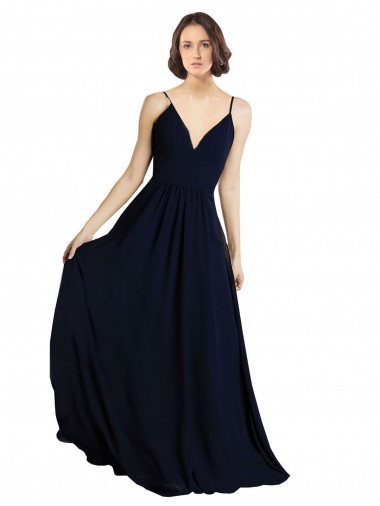 Bleu marine foncé Trapèze Col V Mousseline Longue Robes demoiselle d'honneur