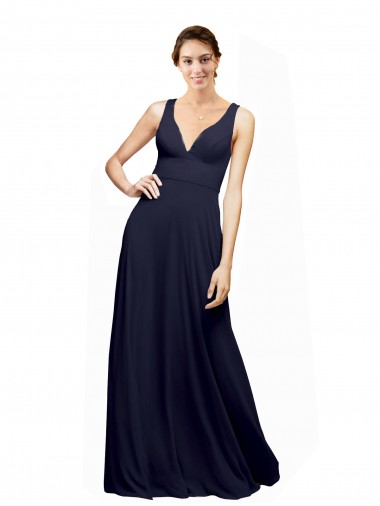 Bleu marine foncé Trapèze Col V Mousseline Longue Robes demoiselle d'honneur
