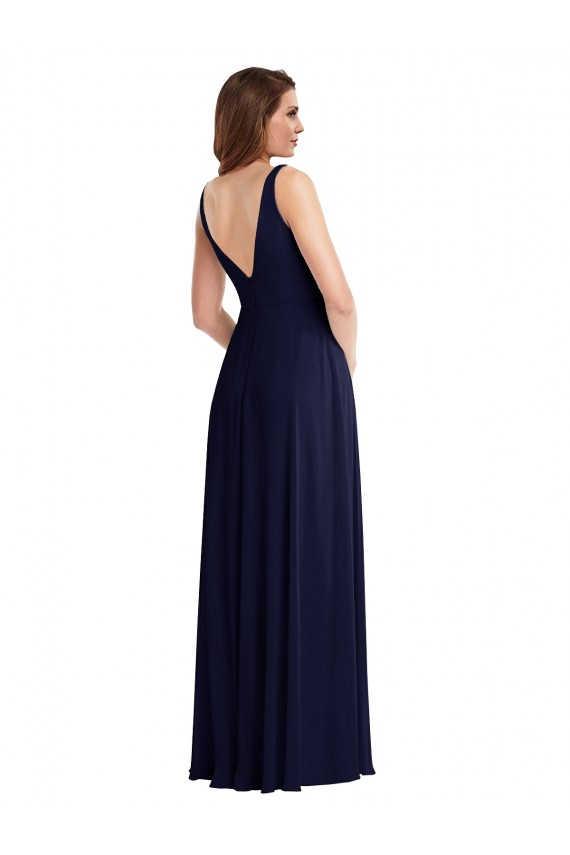 Bleu marine foncé Trapèze Col V Mousseline Longue Robes demoiselle d'honneur