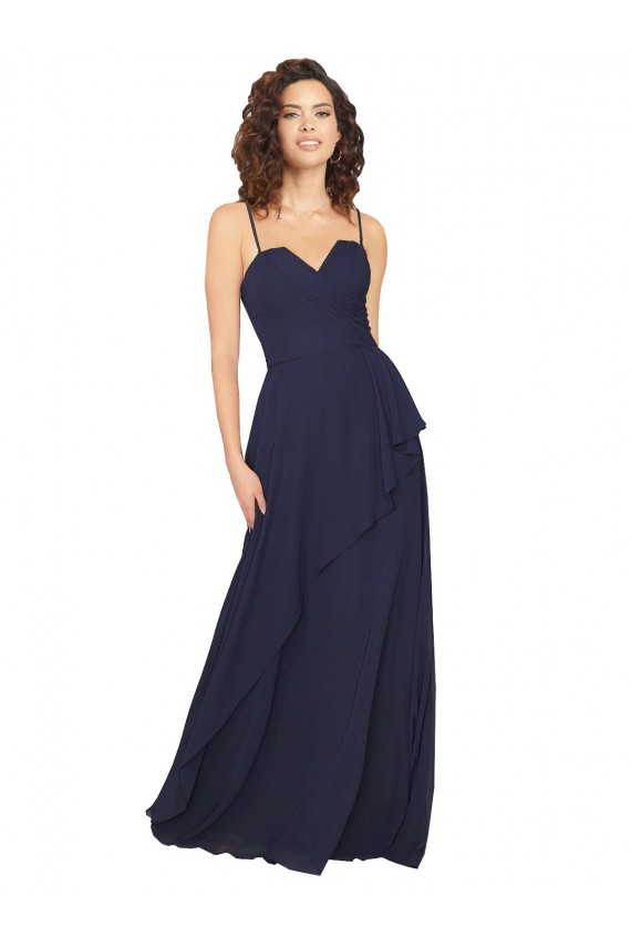 Bleu marine foncé Trapèze Col V Mousseline Longue Robes demoiselle d'honneur