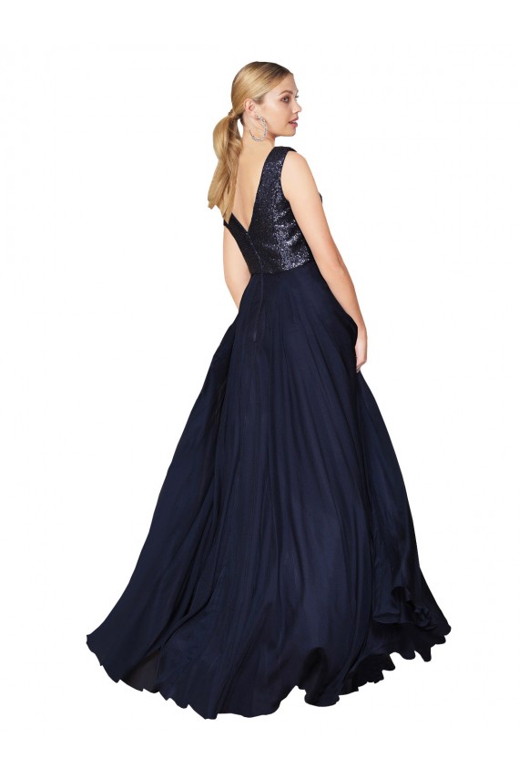 Bleu marine foncé Trapèze Col V Mousseline Paillette Longue Robes demoiselle d'honneur / Robes de bal