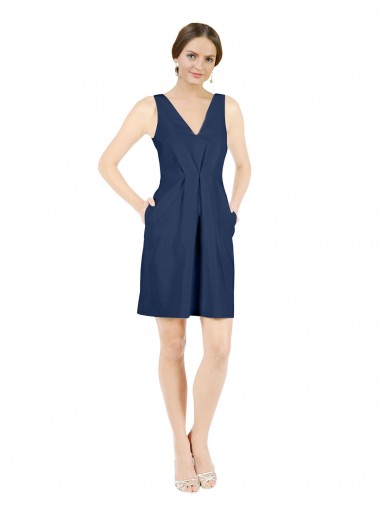 Bleu marine foncé Trapèze Col V Satiné Courte Robes demoiselle d'honneur / Robes de cocktail