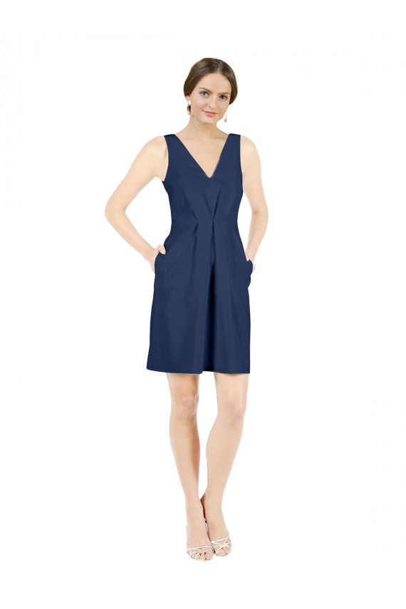Bleu marine foncé Trapèze Col V Satiné Courte Robes demoiselle d'honneur / Robes de cocktail