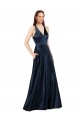 Bleu marine foncé Trapèze Col V Satiné Longue Formelles Robes demoiselle d'honneur / Robes de soirée / Robes de bal