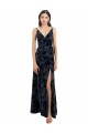 Bleu marine foncé Trapèze Col V Velours Floral Velours Stretch Longue Robes demoiselle d'honneur