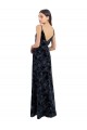 Bleu marine foncé Trapèze Col V Velours Floral Velours Stretch Longue Robes demoiselle d'honneur