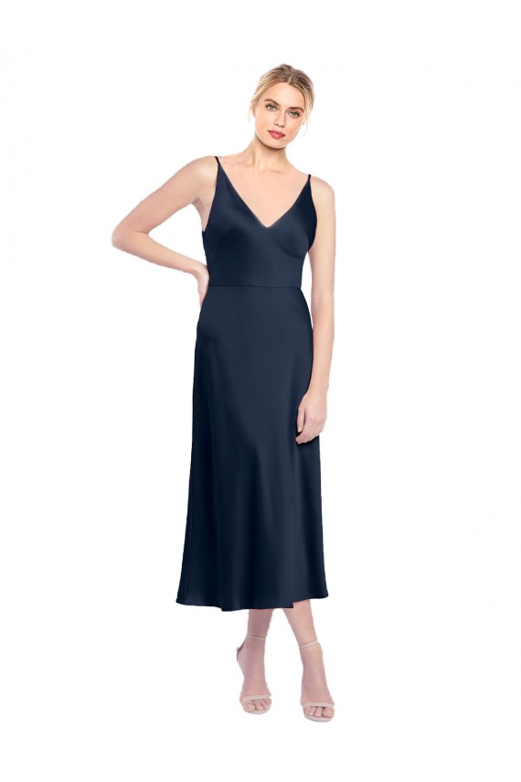 Bleu marine foncé Trapèze Col V midi Satiné Stretch Courte Robes demoiselle d'honneur / Robes de soirée / Robes de cocktail