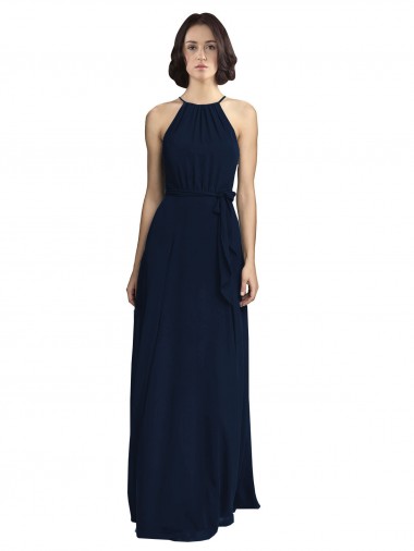 Bleu marine foncé Trapèze Licou Col Haut Mousseline Longue Robes demoiselle d'honneur