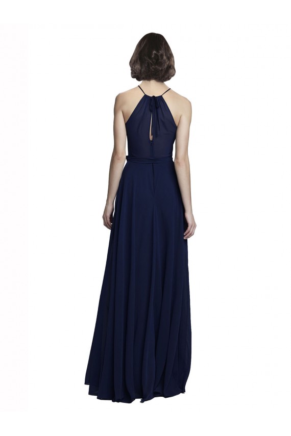 Bleu marine foncé Trapèze Licou Col Haut Mousseline Longue Robes demoiselle d'honneur