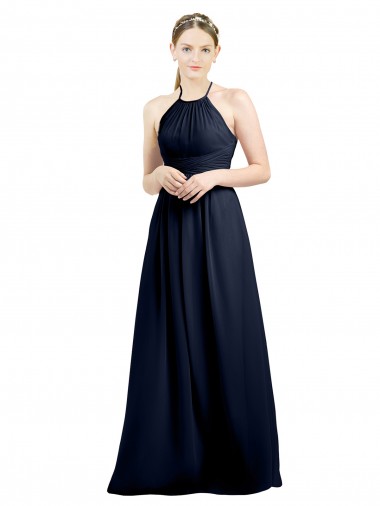 Bleu marine foncé Trapèze Licou Col Haut Mousseline Longue Robes demoiselle d'honneur