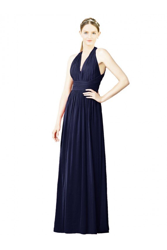 Bleu marine foncé Trapèze Licou Col V Mousseline Longue Robes demoiselle d'honneur