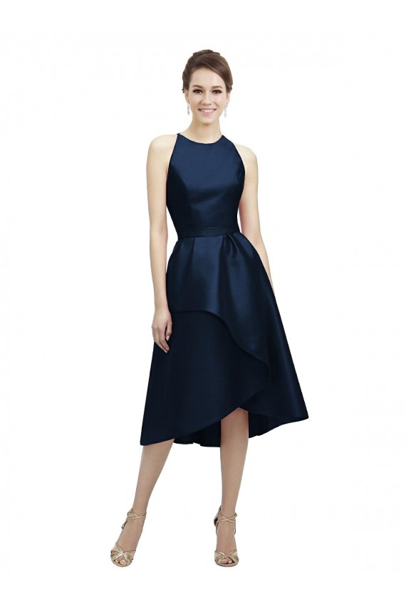 Bleu marine foncé Trapèze Licou Col bijou Satiné Courte Asymétrique Robes demoiselle d'honneur