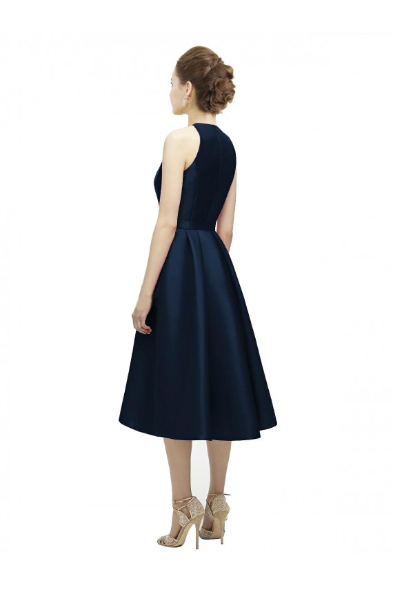 Bleu marine foncé Trapèze Licou Col bijou Satiné Courte Asymétrique Robes demoiselle d'honneur