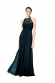 Bleu marine foncé Trapèze Licou Illusion Mousseline Dentelle Longue Robes demoiselle d'honneur
