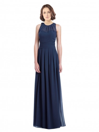 Bleu marine foncé Trapèze Licou Mousseline Longue Robes demoiselle d'honneur