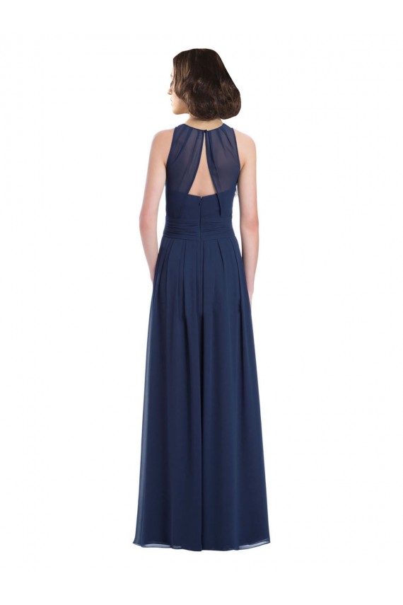 Bleu marine foncé Trapèze Licou Mousseline Longue Robes demoiselle d'honneur