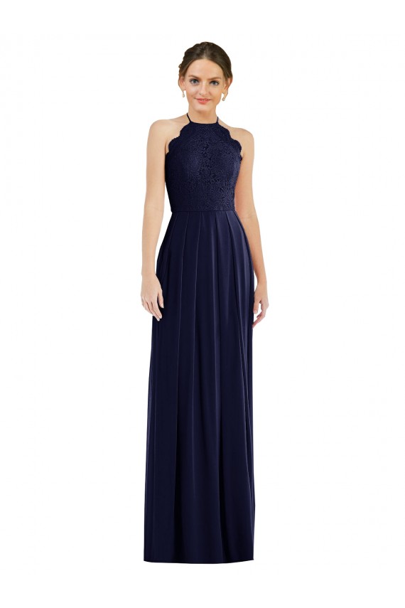 Bleu marine foncé Trapèze Licou Mousseline Longue Robes demoiselle d'honneur