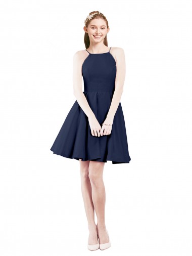 Bleu marine foncé Trapèze Licou Satiné Courte Robes demoiselle d'honneur / Robes de cocktail