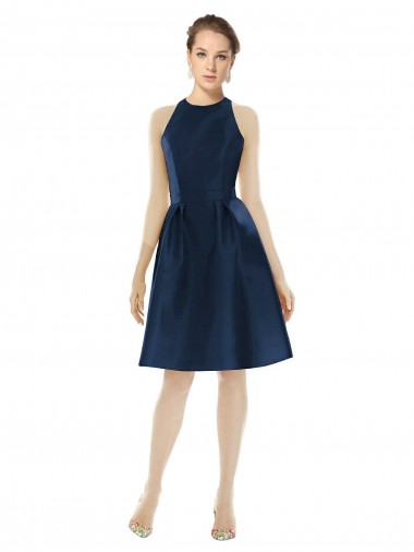 Bleu marine foncé Trapèze Licou Satiné Courte Robes demoiselle d'honneur / Robes de cocktail
