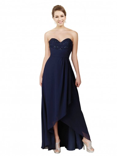 Bleu marine foncé Trapèze Mousseline Longue Asymétrique Robes demoiselle d'honneur