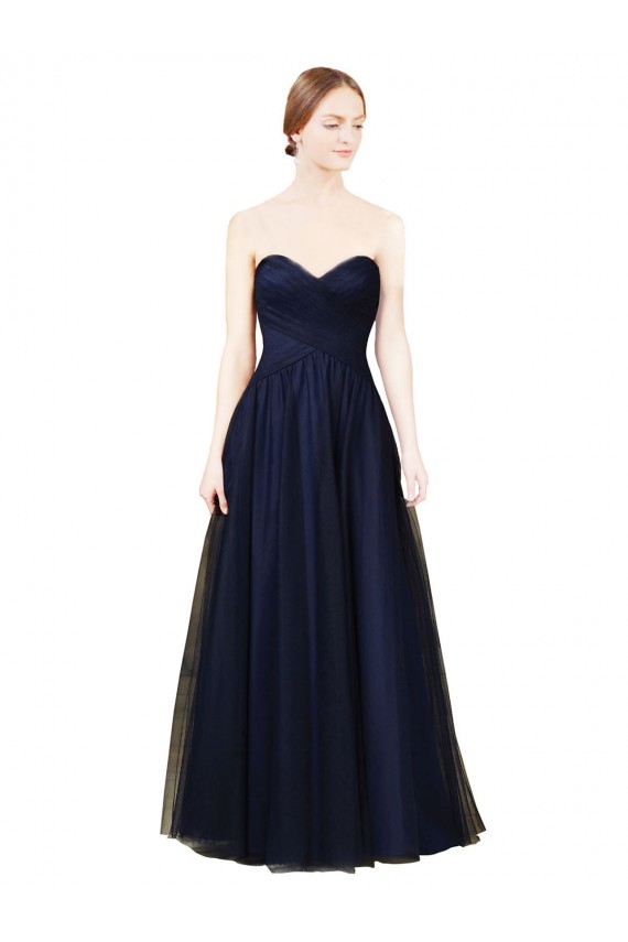 Bleu marine foncé Trapèze Sans bretelle Tulle Longue Robes demoiselle d'honneur