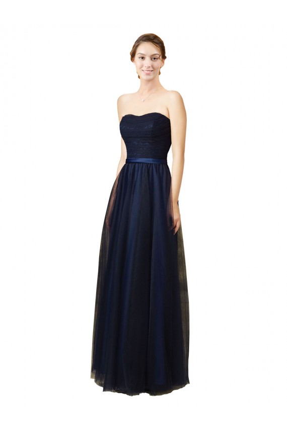 Bleu marine foncé Trapèze Sans bretelle Tulle Longue Robes demoiselle d'honneur