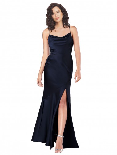 Bleu marine foncé Trapèze Satiné Soyeux Longue Formelles Robes demoiselle d'honneur / Robes de soirée / Robes de bal