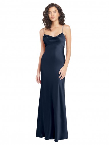 Bleu marine foncé Trapèze Satiné Stretch Longue Formelles Robes demoiselle d'honneur / Robes de soirée / Robes de bal