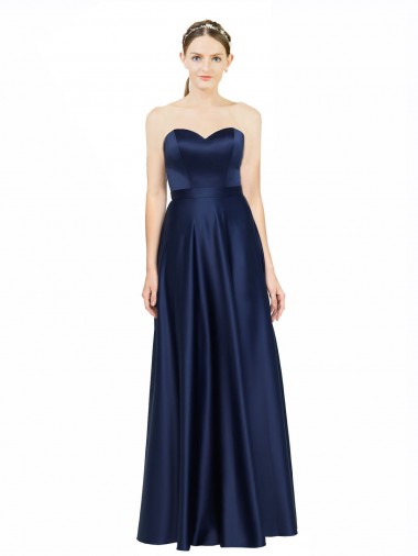 Bleu marine foncé Trapèze Satiné Stretch Longue Formelles Robes demoiselle d'honneur / Robes de soirée