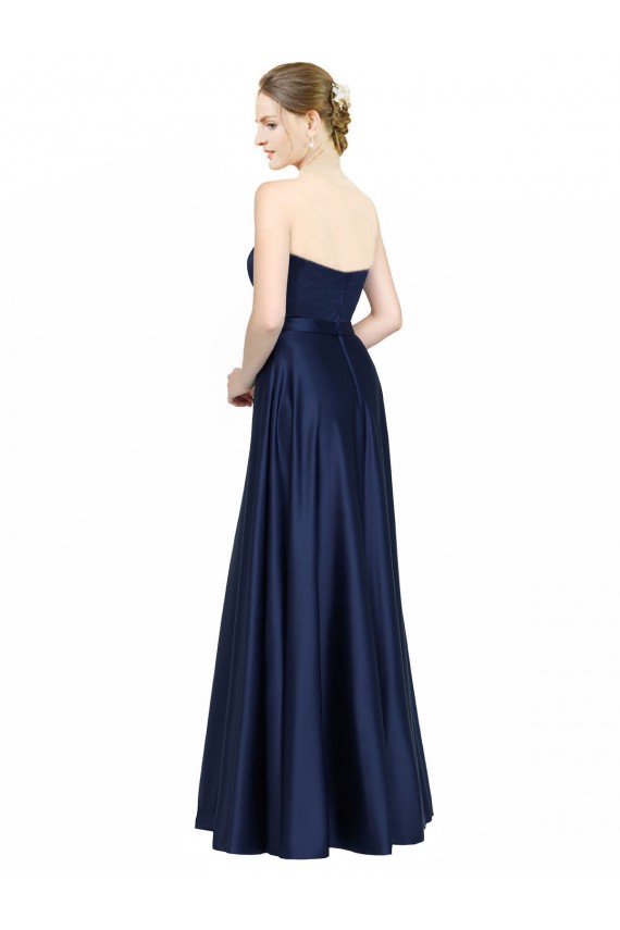Bleu marine foncé Trapèze Satiné Stretch Longue Formelles Robes demoiselle d'honneur / Robes de soirée