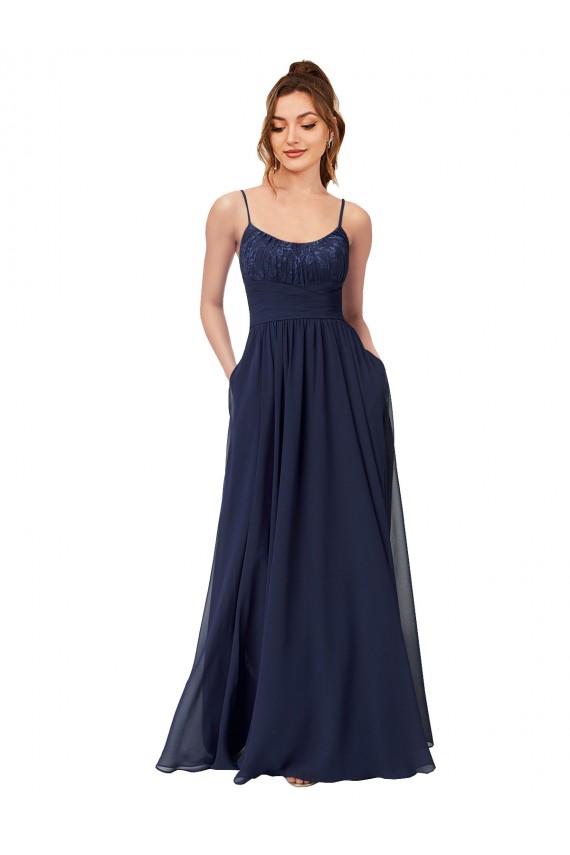 Bleu marine foncé Trapèze Scoop Mousseline Dentelle Longue Robes demoiselle d'honneur