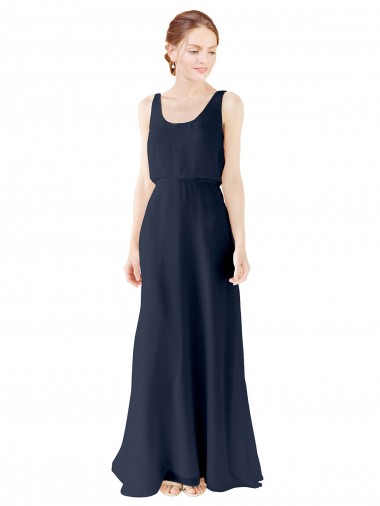 Bleu marine foncé Trapèze Scoop Mousseline Longue Robes demoiselle d'honneur