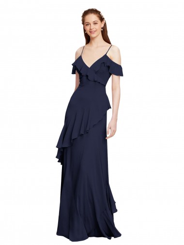 Bleu marine foncé Trapèze Épaule Dénudée Bretelles spaghetti Mousseline Longue Robes demoiselle d'honneur
