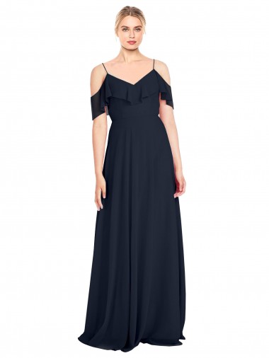 Bleu marine foncé Trapèze Épaule Dénudée Bretelles spaghetti Mousseline Longue Robes demoiselle d'honneur