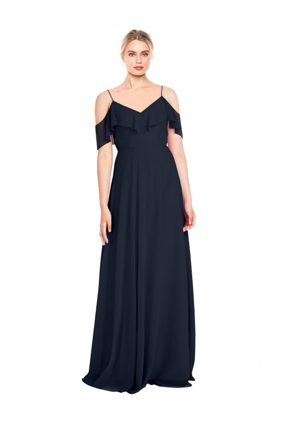 Bleu marine foncé Trapèze Épaule Dénudée Bretelles spaghetti Mousseline Longue Robes demoiselle d'honneur