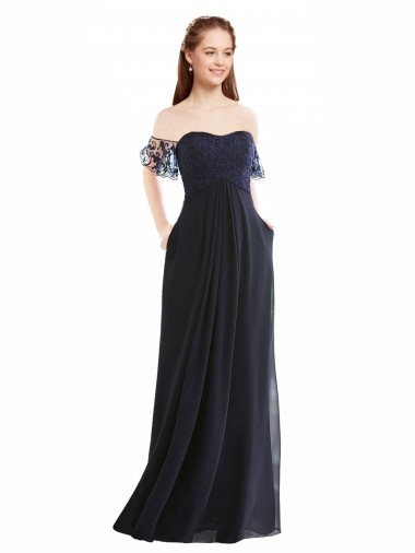 Bleu marine foncé Trapèze Épaule Dénudée Col V Mousseline Dentelle Longue Robes demoiselle d'honneur
