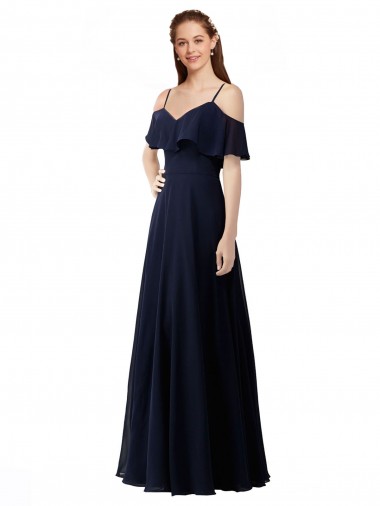 Bleu marine foncé Trapèze Épaule Dénudée Col V Mousseline Longue Robes demoiselle d'honneur