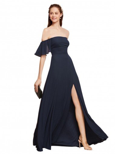 Bleu marine foncé Trapèze Épaule Dénudée Mousseline Longue Robes demoiselle d'honneur / Robes de bal