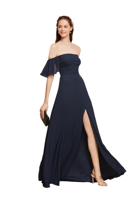Bleu marine foncé Trapèze Épaule Dénudée Mousseline Longue Robes demoiselle d'honneur / Robes de bal