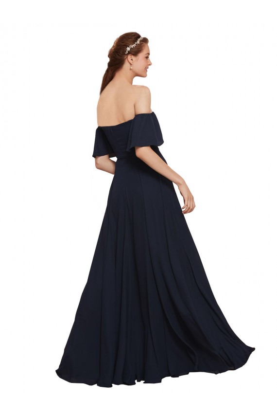 Bleu marine foncé Trapèze Épaule Dénudée Mousseline Longue Robes demoiselle d'honneur / Robes de bal