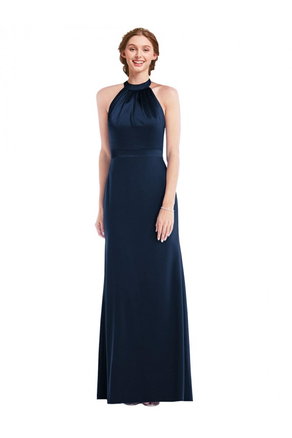 Bleu marine foncé Trompette Col Haut Crêpe Stretch Longue Robes demoiselle d'honneur / Robes de bal