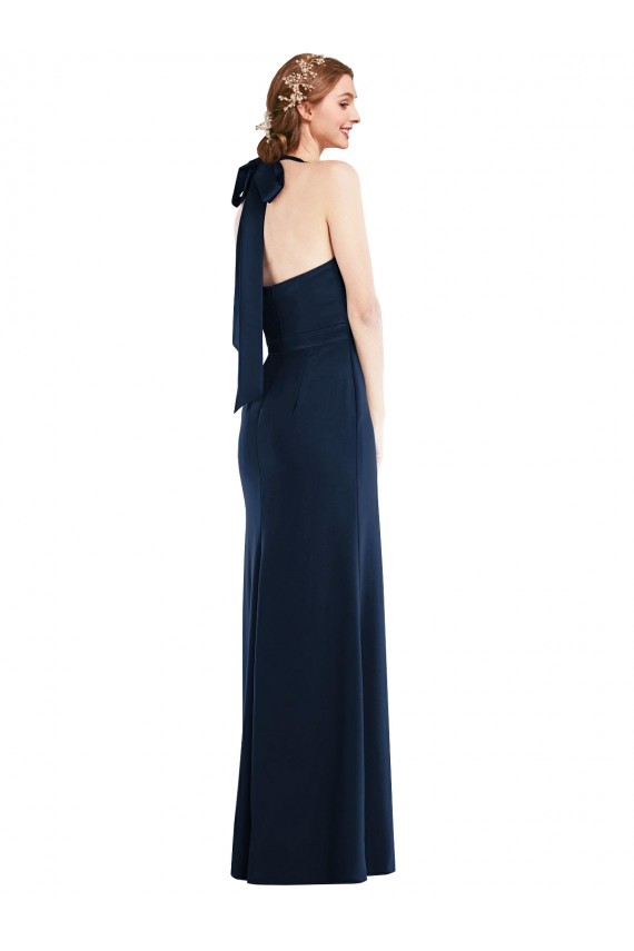 Bleu marine foncé Trompette Col Haut Crêpe Stretch Longue Robes demoiselle d'honneur / Robes de bal
