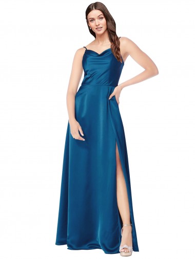Bleu paon Trapèze Bretelles spaghetti Satiné Soyeux Longue Formelles Robes demoiselle d'honneur / Robes de soirée / Robes de bal