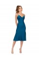 Bleu paon Trapèze Col V midi Satiné Soyeux Courte Robes demoiselle d'honneur / Robes de bal / Robes de cocktail