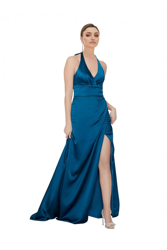 Bleu paon Trapèze Licou Satiné Soyeux Longue Formelles Robes demoiselle d'honneur / Robes de soirée / Robes de bal