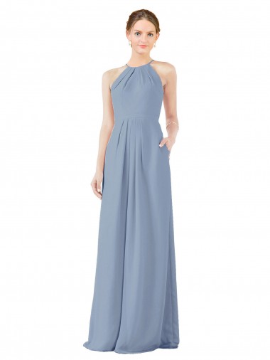 Bleu poussiéreux Fourreau Licou Col Haut Mousseline Longue Robes demoiselle d'honneur