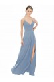 Bleu poussiéreux Trapèze Bretelles spaghetti Col V Mousseline Dentelle Longue Robes demoiselle d'honneur